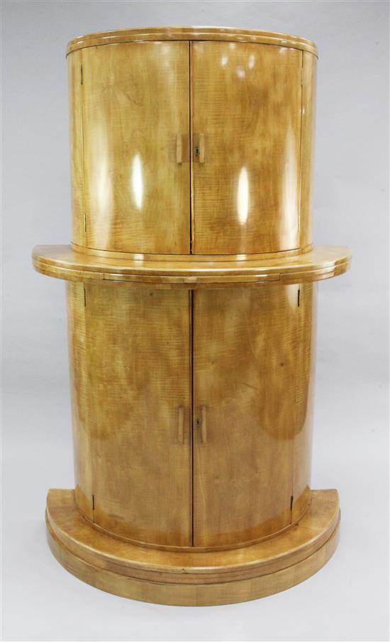 An Art Deco satin birch demi lune cocktail cabinet, W.3ft 6in.